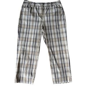 Talbots Womens Pants 12 Tan Brown Blue Stretch Plaid Chino Capri Pockets